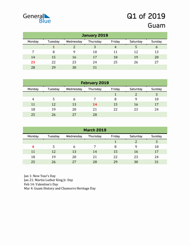 Quarterly Calendar 2019 with Guam Holidays