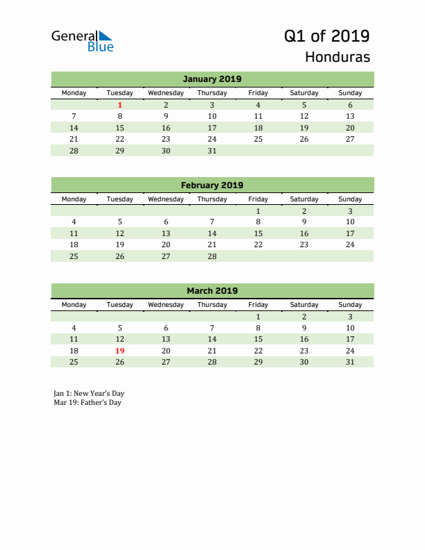 Quarterly Calendar 2019 with Honduras Holidays