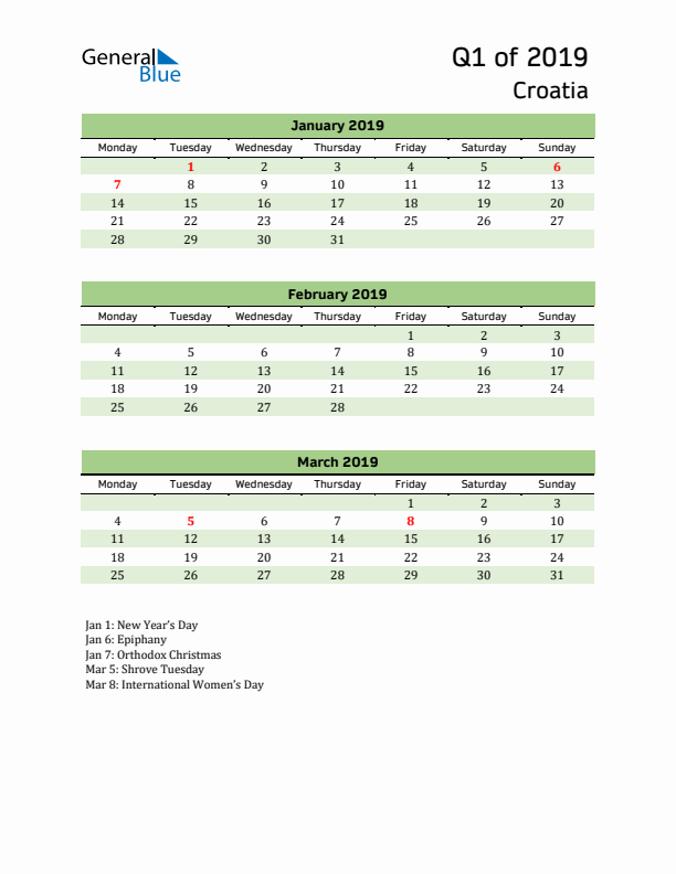 Quarterly Calendar 2019 with Croatia Holidays