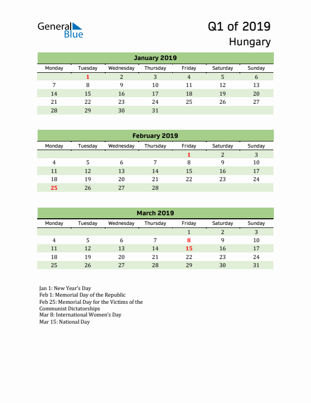 Quarterly Calendar 2019 with Hungary Holidays