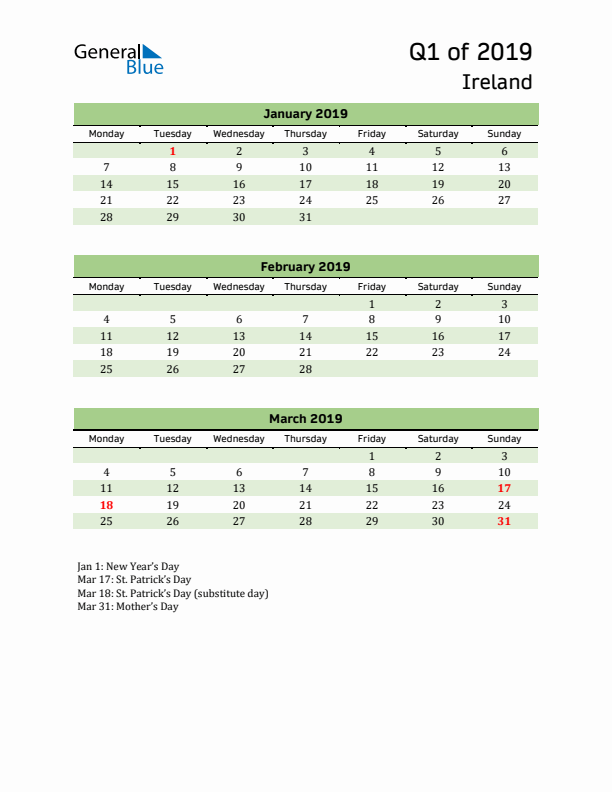 Quarterly Calendar 2019 with Ireland Holidays