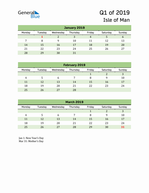 Quarterly Calendar 2019 with Isle of Man Holidays