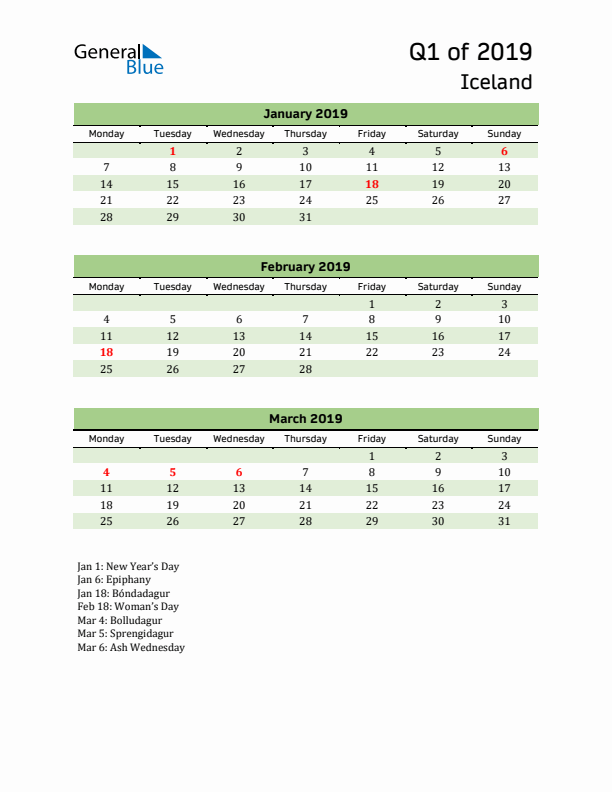 Quarterly Calendar 2019 with Iceland Holidays