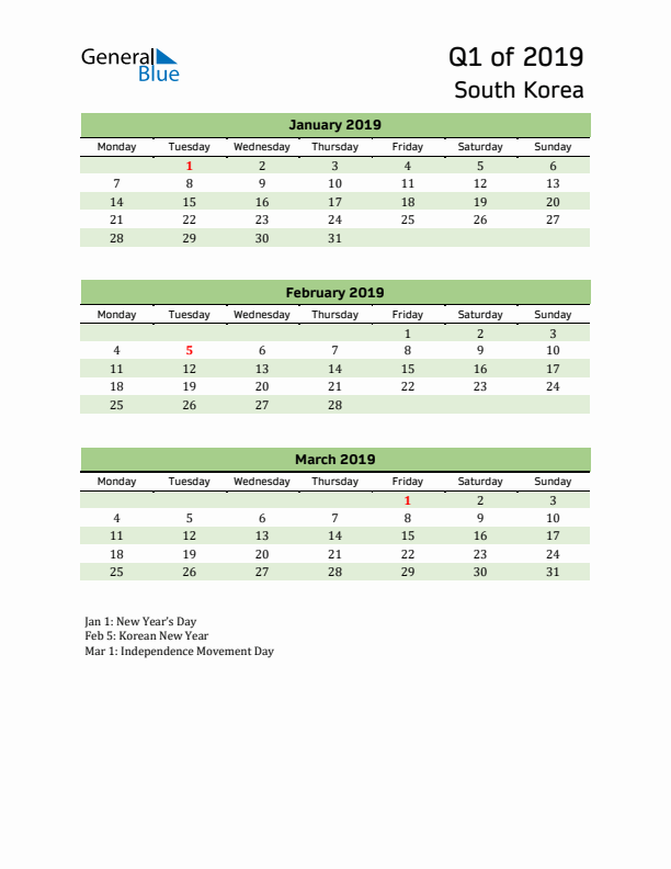 Quarterly Calendar 2019 with South Korea Holidays