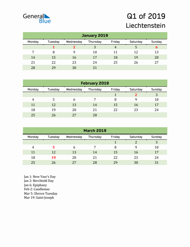 Quarterly Calendar 2019 with Liechtenstein Holidays