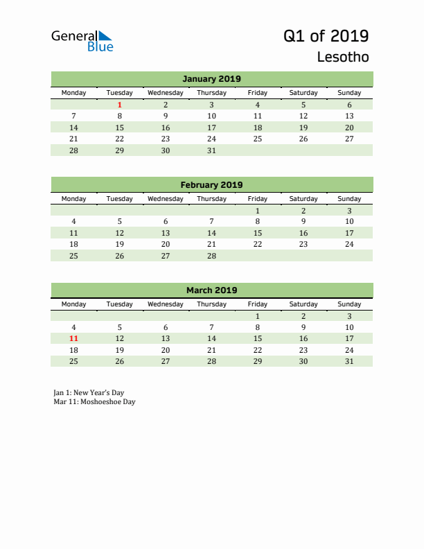 Quarterly Calendar 2019 with Lesotho Holidays