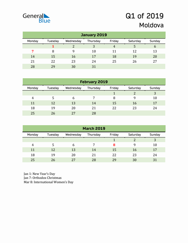 Quarterly Calendar 2019 with Moldova Holidays