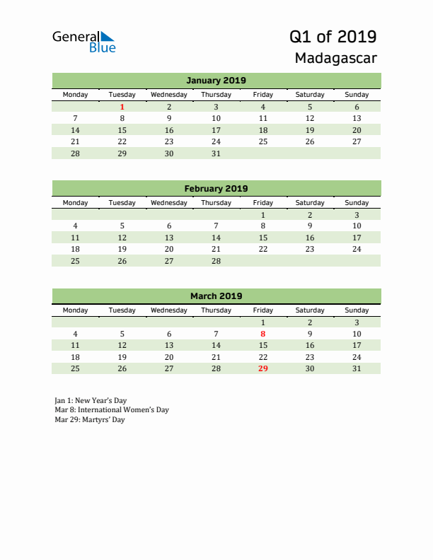 Quarterly Calendar 2019 with Madagascar Holidays