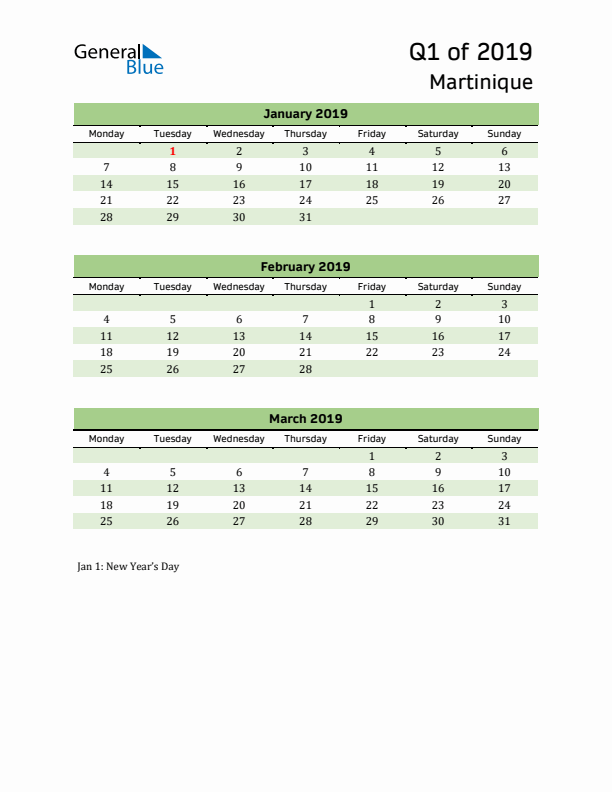 Quarterly Calendar 2019 with Martinique Holidays