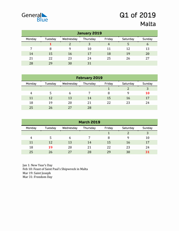 Quarterly Calendar 2019 with Malta Holidays