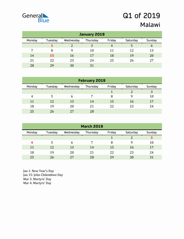 Quarterly Calendar 2019 with Malawi Holidays