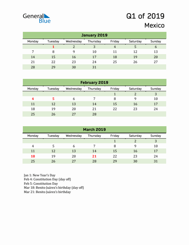 Quarterly Calendar 2019 with Mexico Holidays