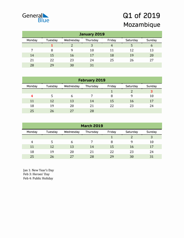 Quarterly Calendar 2019 with Mozambique Holidays