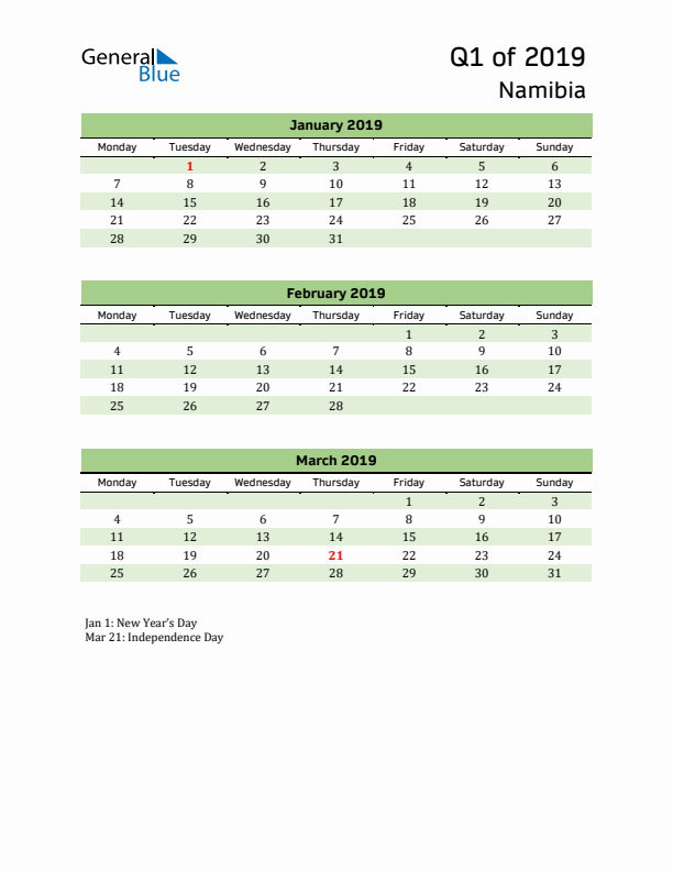 Quarterly Calendar 2019 with Namibia Holidays