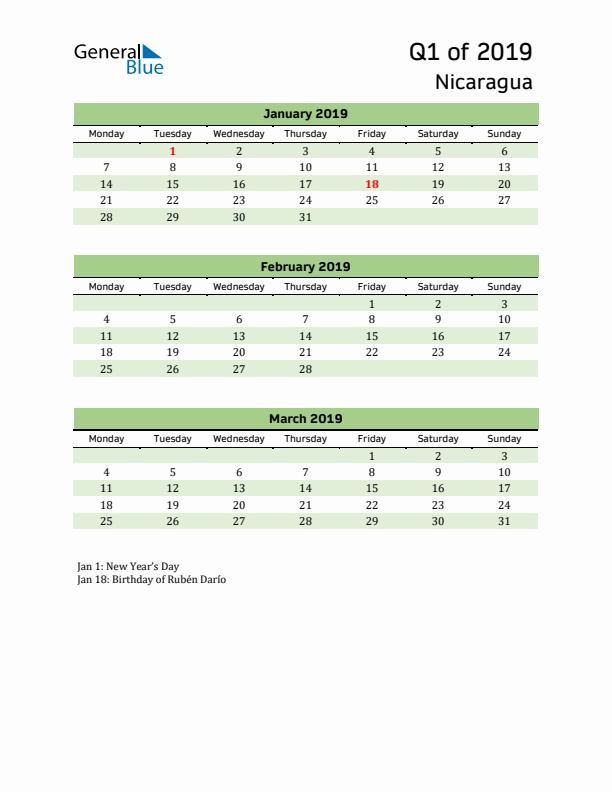 Quarterly Calendar 2019 with Nicaragua Holidays