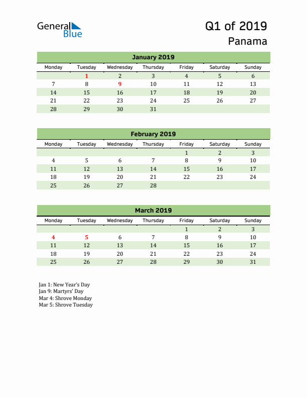 Quarterly Calendar 2019 with Panama Holidays