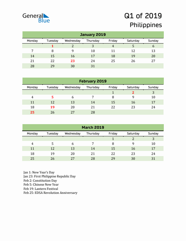 Quarterly Calendar 2019 with Philippines Holidays