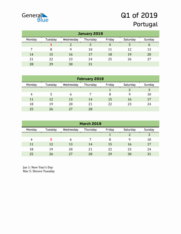 Quarterly Calendar 2019 with Portugal Holidays