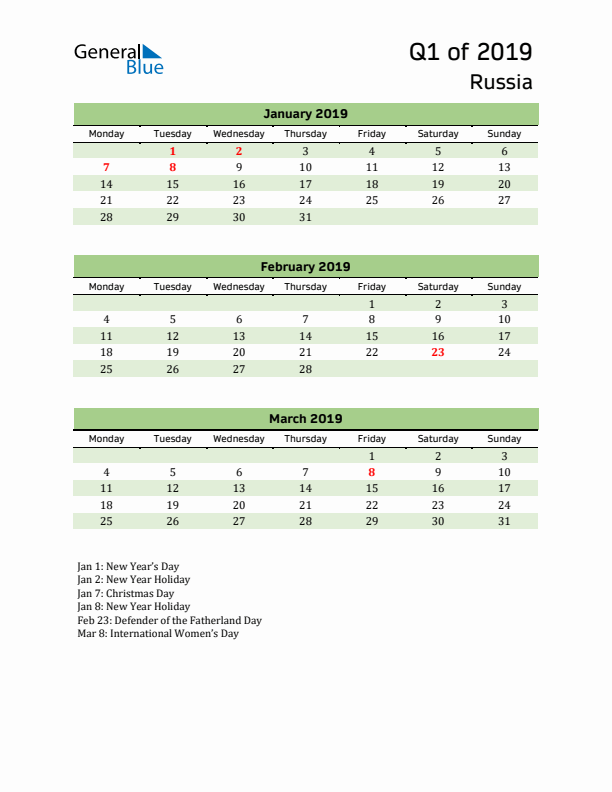 Quarterly Calendar 2019 with Russia Holidays