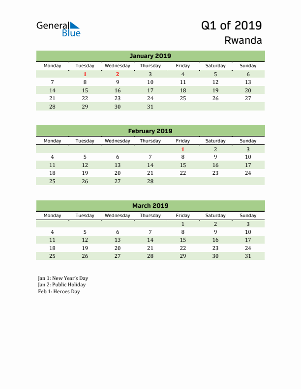 Quarterly Calendar 2019 with Rwanda Holidays