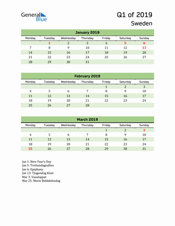 Quarterly Calendar 2019 with Sweden Holidays