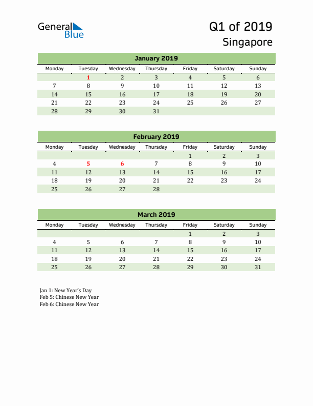 Quarterly Calendar 2019 with Singapore Holidays