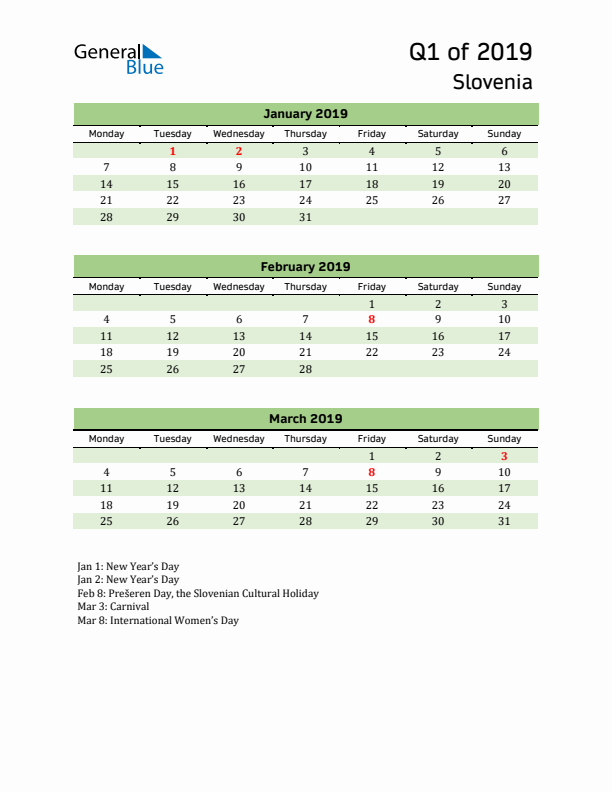 Quarterly Calendar 2019 with Slovenia Holidays