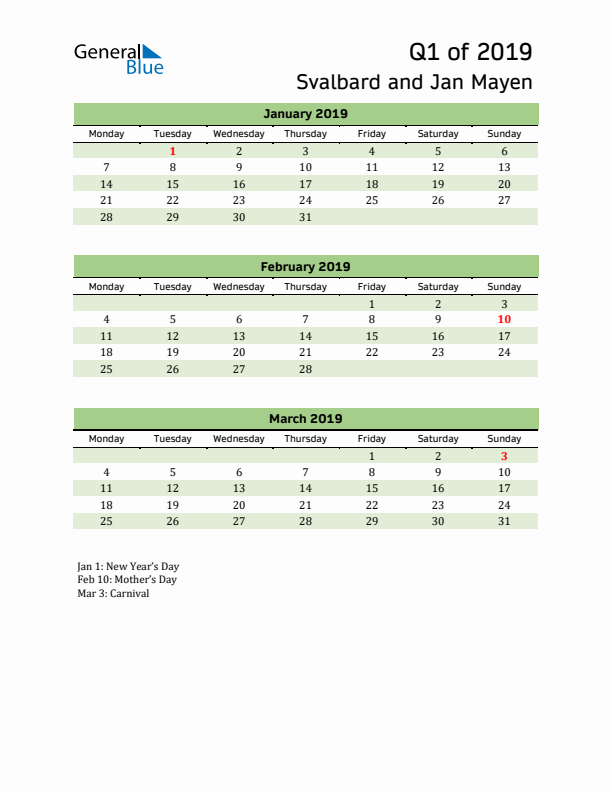 Quarterly Calendar 2019 with Svalbard and Jan Mayen Holidays