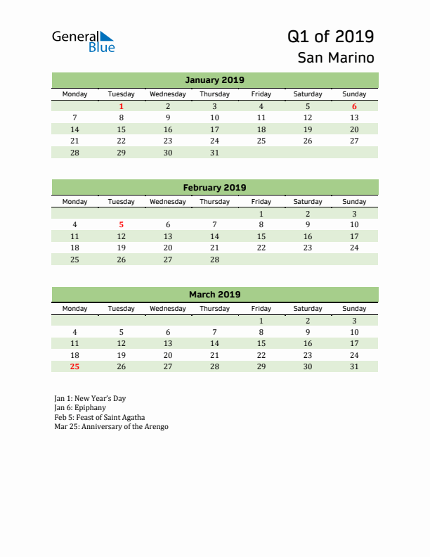 Quarterly Calendar 2019 with San Marino Holidays