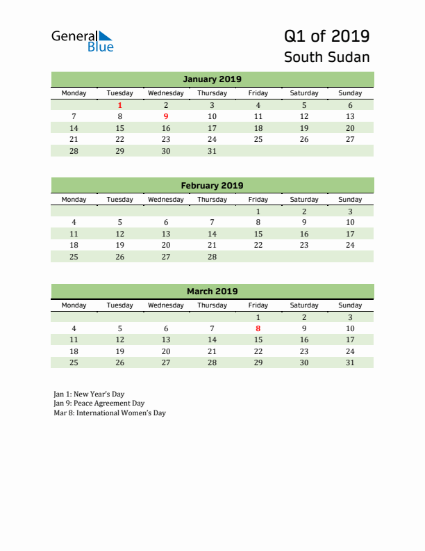 Quarterly Calendar 2019 with South Sudan Holidays