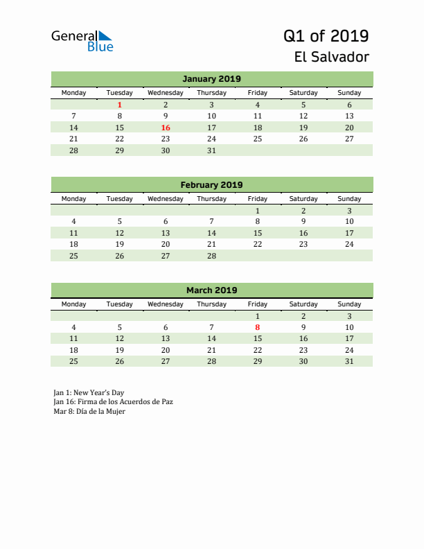 Quarterly Calendar 2019 with El Salvador Holidays