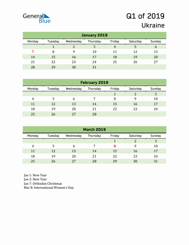 Quarterly Calendar 2019 with Ukraine Holidays