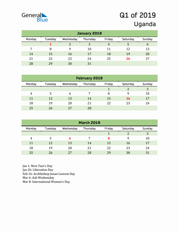 Quarterly Calendar 2019 with Uganda Holidays