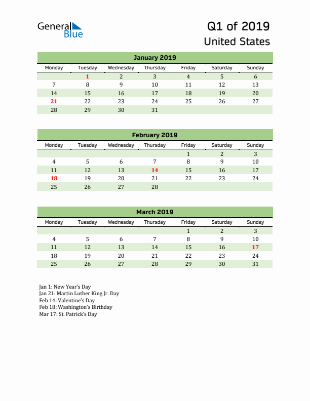 Quarterly Calendar 2019 with United States Holidays