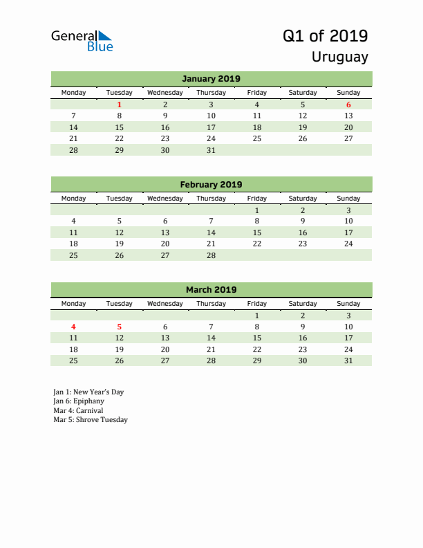 Quarterly Calendar 2019 with Uruguay Holidays