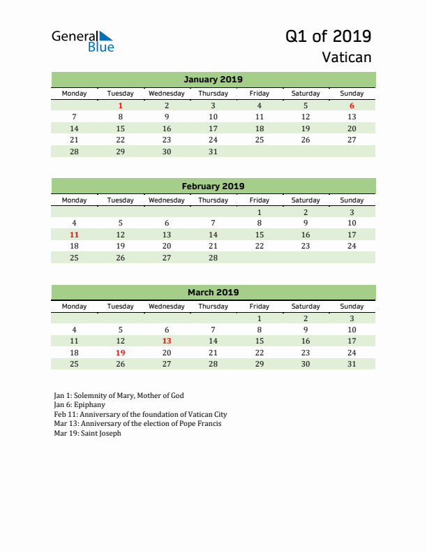 Quarterly Calendar 2019 with Vatican Holidays