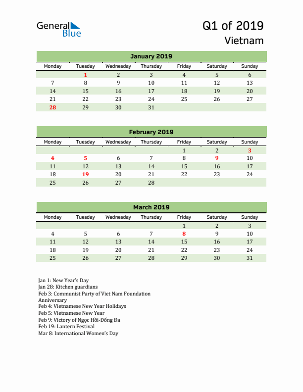 Quarterly Calendar 2019 with Vietnam Holidays