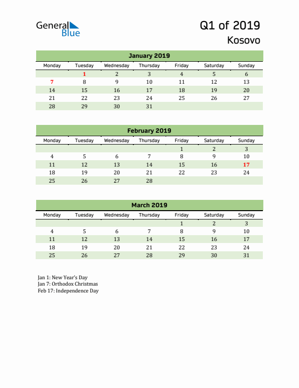 Quarterly Calendar 2019 with Kosovo Holidays