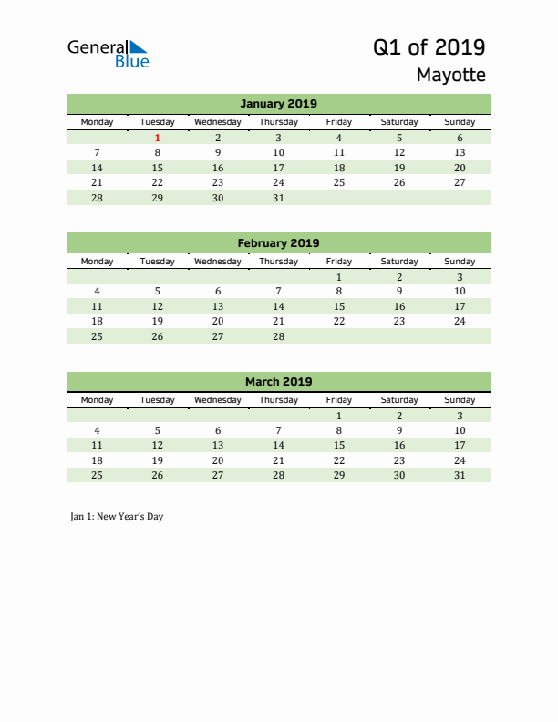 Quarterly Calendar 2019 with Mayotte Holidays