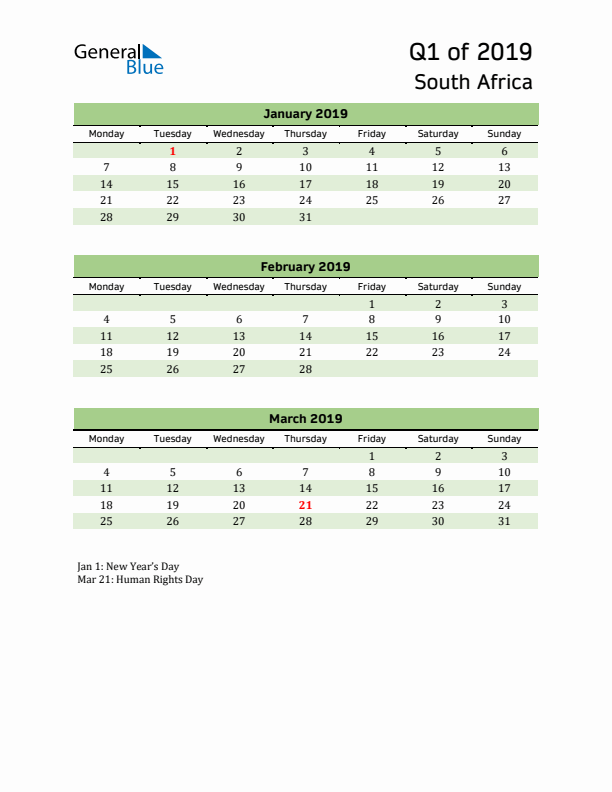 Quarterly Calendar 2019 with South Africa Holidays