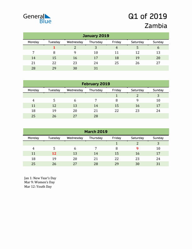 Quarterly Calendar 2019 with Zambia Holidays