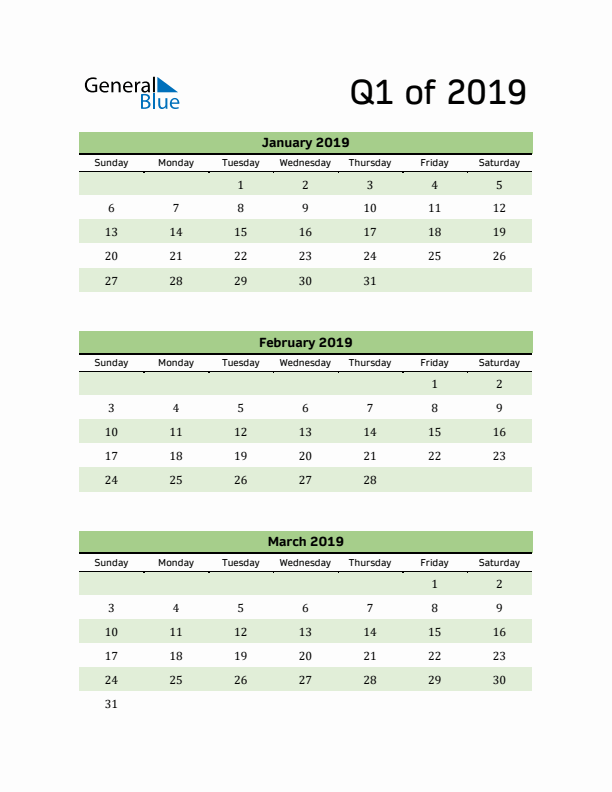 Printable Quarterly Calendar (Q1 2019)