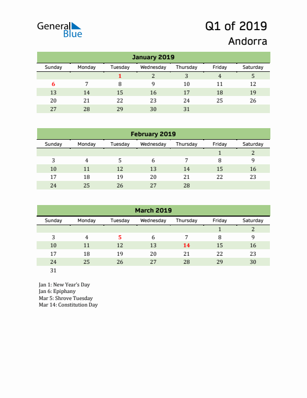 Quarterly Calendar 2019 with Andorra Holidays