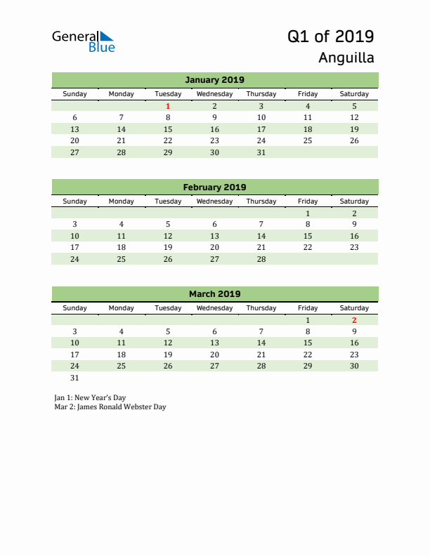 Quarterly Calendar 2019 with Anguilla Holidays