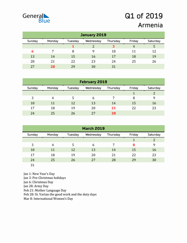 Quarterly Calendar 2019 with Armenia Holidays