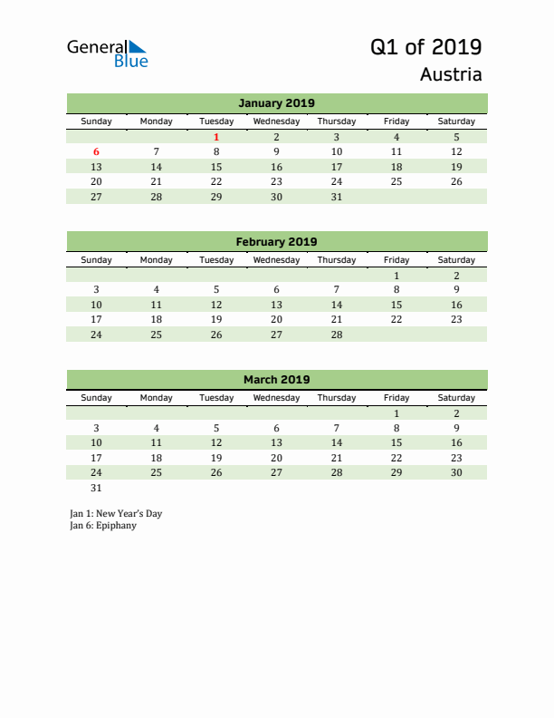 Quarterly Calendar 2019 with Austria Holidays