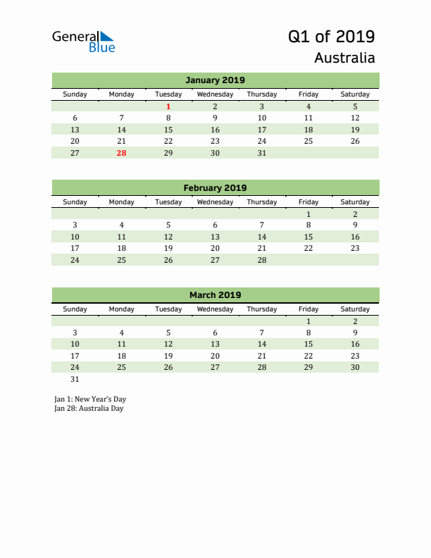 Quarterly Calendar 2019 with Australia Holidays