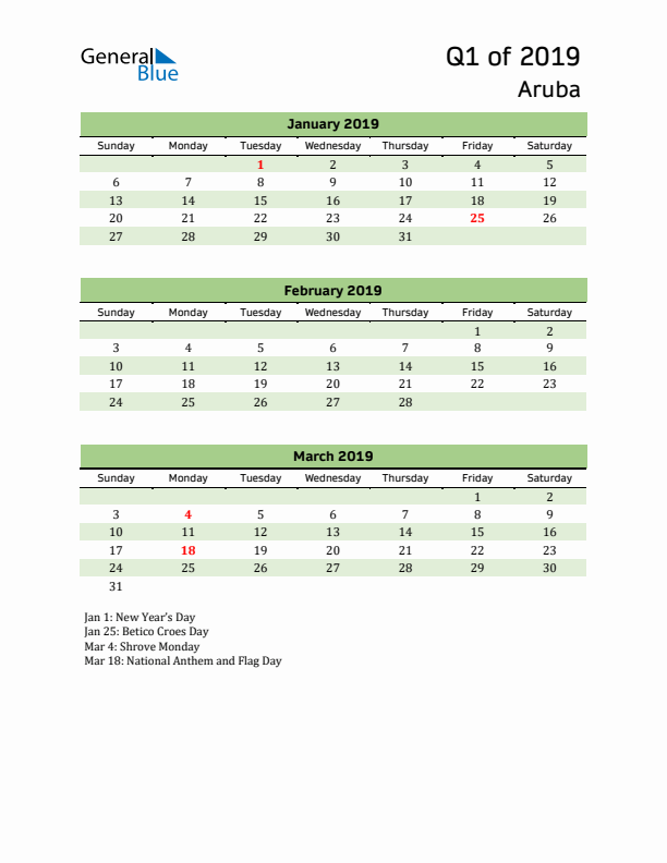 Quarterly Calendar 2019 with Aruba Holidays