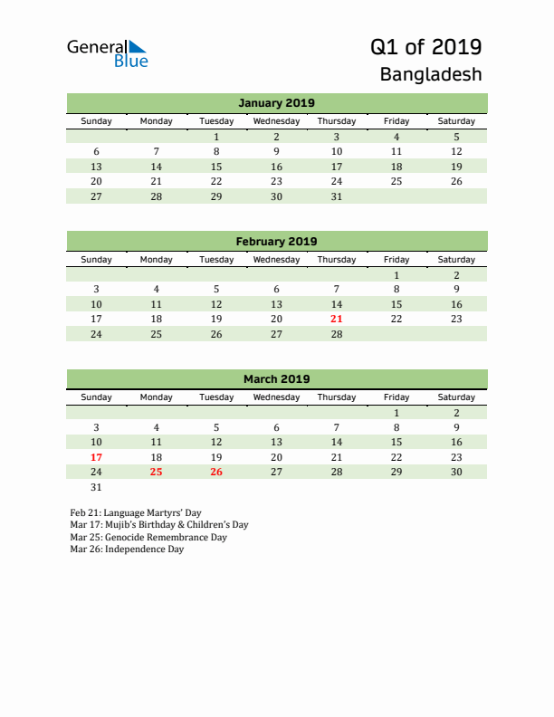 Quarterly Calendar 2019 with Bangladesh Holidays