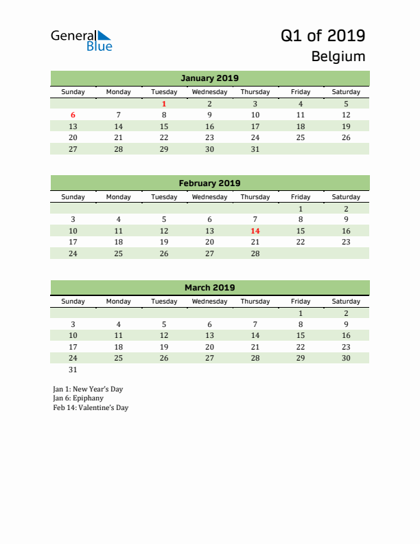 Quarterly Calendar 2019 with Belgium Holidays